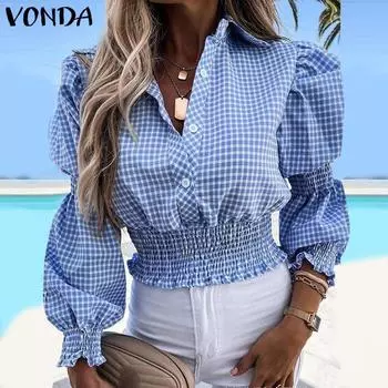 VONDA Женские винтажные клетчатые рубашки с длинным рукавом и лацканами S чёрный