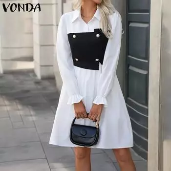 VONDA Женские винтажные контрастные цветные платья-рубашки с длинным рукавом А-силуэта S чёрный