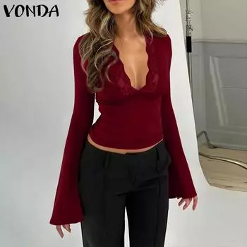 VONDA Женские винтажные кружевные футболки с V-образным вырезом и длинным рукавом, обтягивающие талию 3XL вино красного