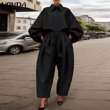 VONDA Женские винтажные лацканы с длинным рукавом, однотонные рубашки и брюки S чёрный