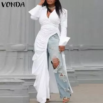 VONDA Женские винтажные лацканы с длинными рукавами, плиссированные, с разрезом, длинные блузки 4XL чёрный