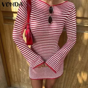 VONDA Женские винтажные облегающие платья-пуловеры с круглым вырезом и длинным рукавом в полоску S чёрный