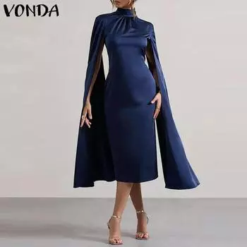 VONDA Женские винтажные облегающие платья с круглым вырезом и разрезом, с длинным рукавом S темно-синий