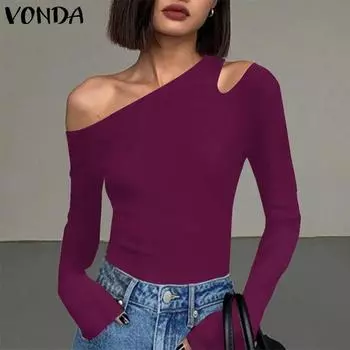 VONDA Женские винтажные обтягивающие футболки с открытыми плечами и длинным рукавом S чёрный