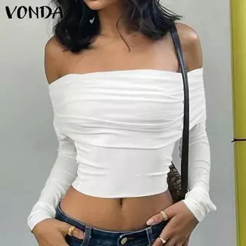 VONDA Женские винтажные обтягивающие однотонные футболки с открытыми плечами и длинным рукавом S чёрный