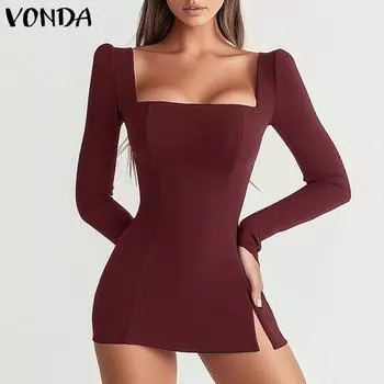 VONDA Женские винтажные обтягивающие платья с U-образным вырезом и длинным рукавом S чёрный