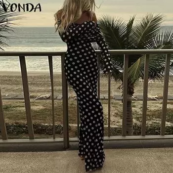 VONDA Женские винтажные обтягивающие платья с открытыми плечами и длинным рукавом в горошек S чёрный