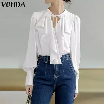 VONDA Женские винтажные однотонные блузки с длинным рукавом и оборками XL чёрный