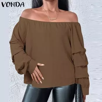 VONDA Женские винтажные однотонные блузки с открытыми плечами и длинным рукавом S зелёный