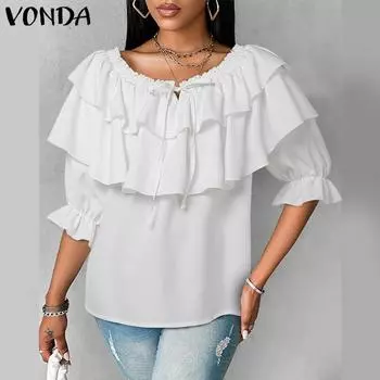 VONDA Женские винтажные однотонные блузки с открытыми плечами и короткими рукавами с оборками 4XL чёрный