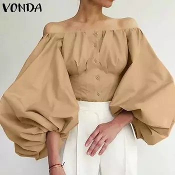 VONDA Женские винтажные однотонные блузки с открытыми плечами и длинным рукавом S чёрный