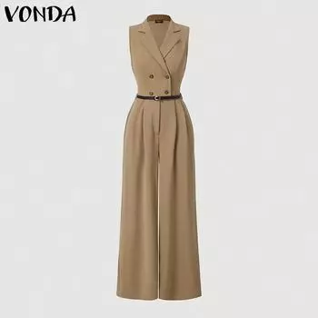 VONDA Женские винтажные однотонные комбинезоны без рукавов с лацканами S хаки