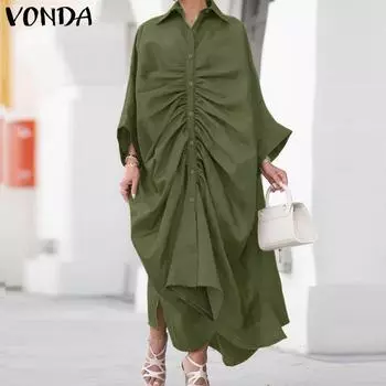 VONDA Женские винтажные однотонные платья-рубашки с длинным рукавом и лацканами S зелёный