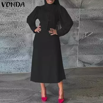 VONDA Женские винтажные однотонные платья с круглым вырезом и длинным рукавом S чёрный