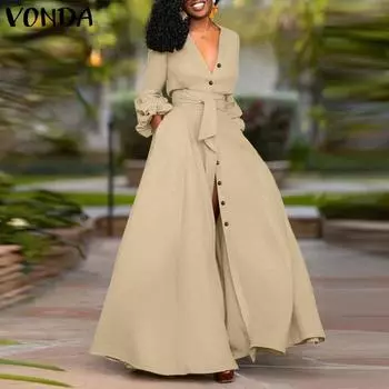 VONDA Женские винтажные однотонные платья с глубоким V-образным вырезом и длинными рукавами S оранжевый