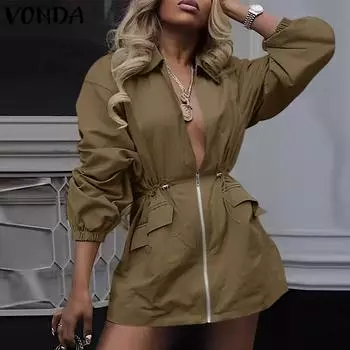 VONDA Женские винтажные однотонные платья с застежкой-молнией и длинным рукавом S чёрный