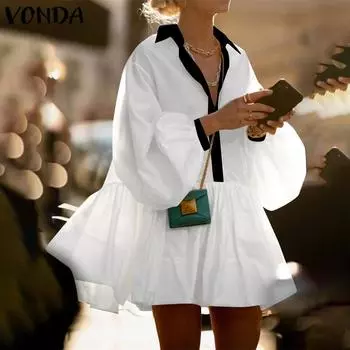 VONDA Женские винтажные однотонные плиссированные платья с длинным рукавом контрастного цвета S белый