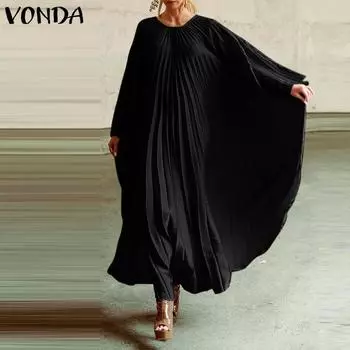 VONDA Женские винтажные платья А-силуэта с круглым вырезом и длинными рукавами S чёрный