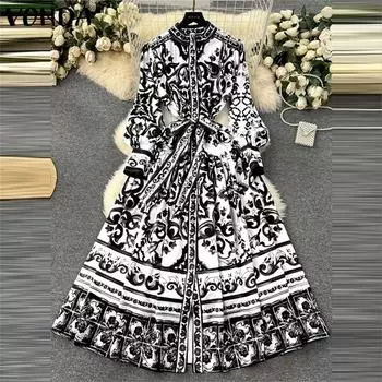 VONDA Женские винтажные платья с длинным рукавом и цветочным принтом, завязывающиеся на талии S зелёный