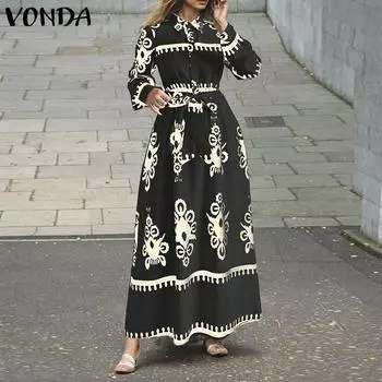 VONDA Женские винтажные платья с длинным рукавом и лацканами S чёрный