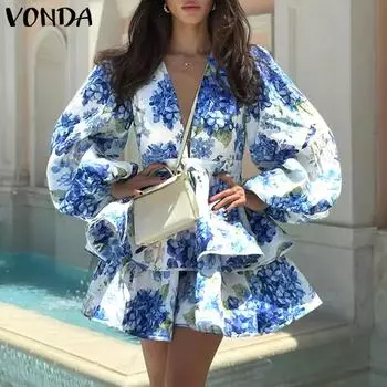 VONDA Женские винтажные платья с глубоким V-образным вырезом и длинным рукавом с цветочным принтом и оборками по подолу S синий