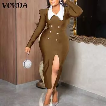 VONDA Женские винтажные платья с лацканами и длинным рукавом, обтягивающие талию и бедра S чёрный