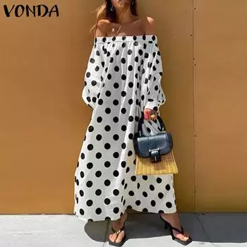 VONDA Женские винтажные платья с открытыми плечами и длинными рукавами в горошек S белый