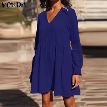 VONDA Женские винтажные платья с V-образным вырезом и длинными рукавами M зелёный