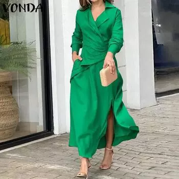 VONDA Женские винтажные платья с V-образным вырезом и длинными рукавами и разрезами на карманах S зелёный