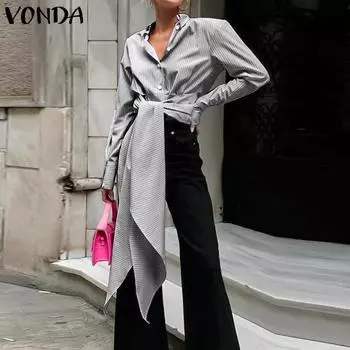 VONDA Женские винтажные полосатые рубашки с длинным рукавом и пуговицами S чёрный