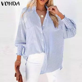 VONDA Женские винтажные полосатые рубашки с длинным рукавом и плиссированными карманами S темно-синий