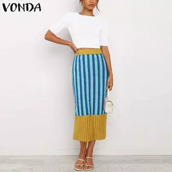 VONDA Женские винтажные прямые юбки с эластичной талией в полоску контрастного цвета S хаки