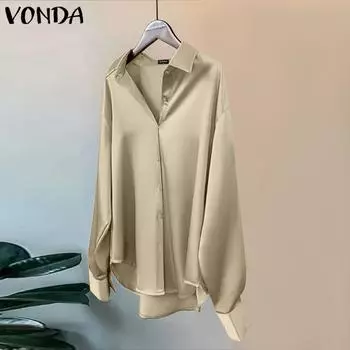 VONDA Женские винтажные рубашки с длинным рукавом из однотонного атласа свободного кроя S чёрный