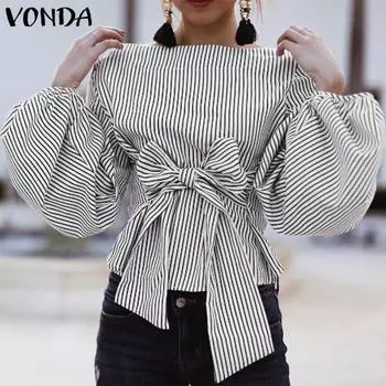 VONDA Женские винтажные рубашки с открытыми плечами и длинным рукавом в полоску с завязками S красный