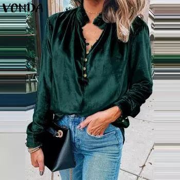 VONDA Женские винтажные рубашки с воротником-стойкой и длинным рукавом, однотонные, с открытым передом S чёрный