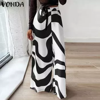 VONDA Женские винтажные широкие брюки с эластичным поясом и принтом S чёрный