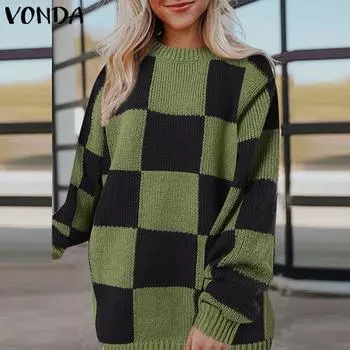 VONDA Женские винтажные свитера-пуловеры с круглым вырезом и длинным рукавом в клетку M чёрный