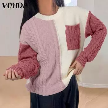 VONDA Женские винтажные свитера с круглым вырезом и длинным рукавом контрастного цвета M чёрный