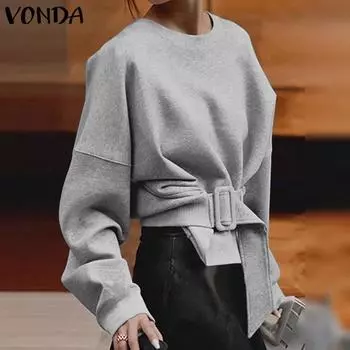 VONDA Женские винтажные толстовки с круглым вырезом и длинным рукавом с поясом XL серый
