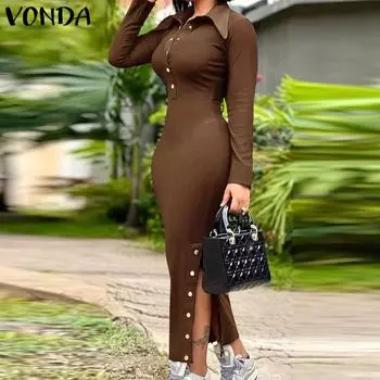 VONDA Женские винтажные трикотажные платья с длинным рукавом и разрезом S чёрный