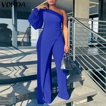 VONDA женский большой размер на одно плечо с пышными рукавами и длинными рукавами, однотонный свободный комбинезон с неровным подолом