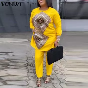 VONDA женский большой размер с круглым вырезом и длинными рукавами с принтом, однотонные свободные брюки, комплект из двух предметов M ярко-розовый