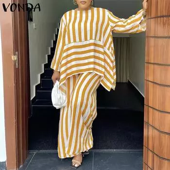 VONDA женский большой размер с круглым вырезом и длинными рукавами в полоску, однотонный свободный топ и брючный костюм