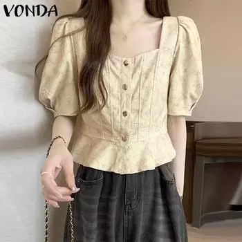 VONDA женский квадратный вырез с ложной планкой и пузырьковыми рукавами, со складками на талии, текстурированный повседневный топ