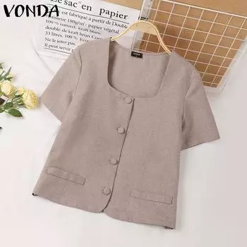 VONDA женский летний кардиган с квадратным вырезом и короткими рукавами на пуговицах, однотонная свободная куртка