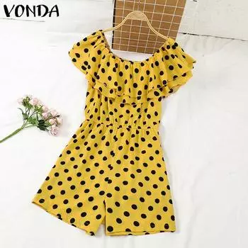 VONDA Женский летний комбинезон с открытыми плечами и короткими рукавами в горошек с оборками L жёлтый