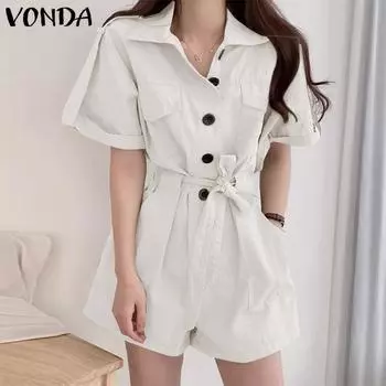 VONDA Женский летний комбинезон с широкими штанинами и двойными карманами на лацканах, шорты 4XL светло-зеленый