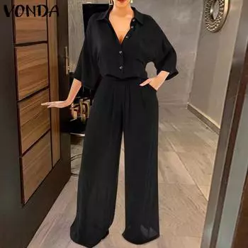 VONDA женский летний комплект из двух предметов, рубашки с короткими рукавами, длинные брюки с эластичной резинкой на талии, повседневные свободные костюмы
