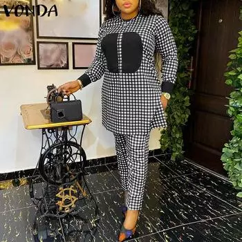 Женский летний комплект из свободного топа и брюк в клетку большого размера с круглым вырезом и длинными рукавами M красный