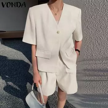 VONDA женский летний комплект с v-образным вырезом и короткими рукавами, карманными пуговицами, прямой однотонный свободный топ и шорты